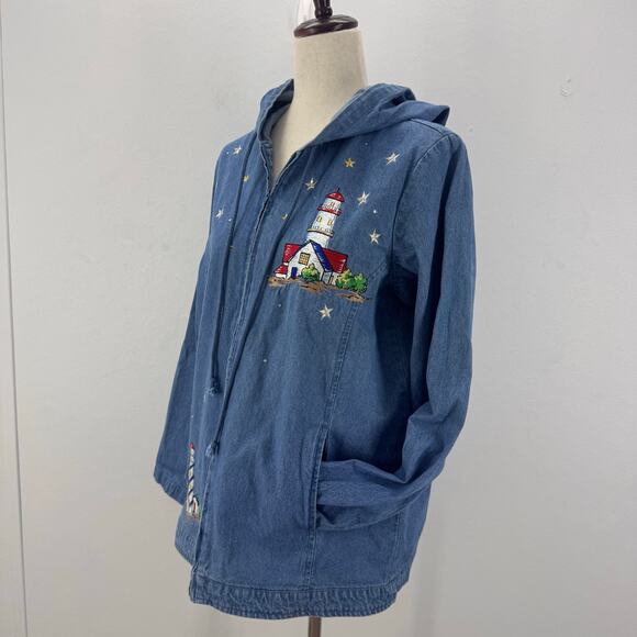 VTG Quacker Factory Embroidered Denim Lighthouse Zip Hoodie Sweater Nautical M - Picture 2 of 9